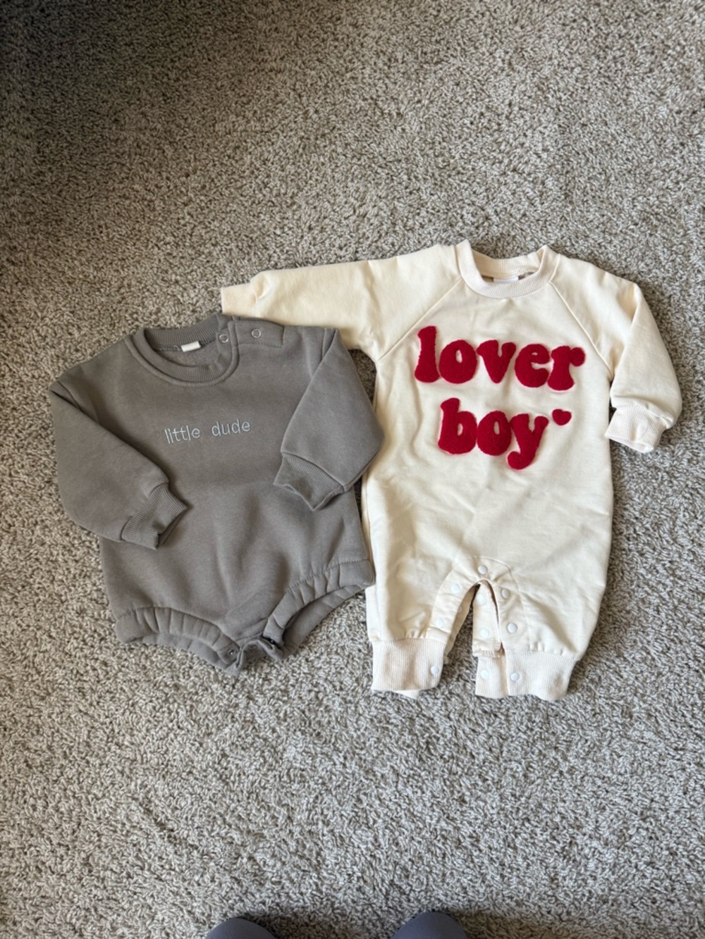 Cream "lover boy" Baby Romper & Gray "little dude" Bodysuit Set